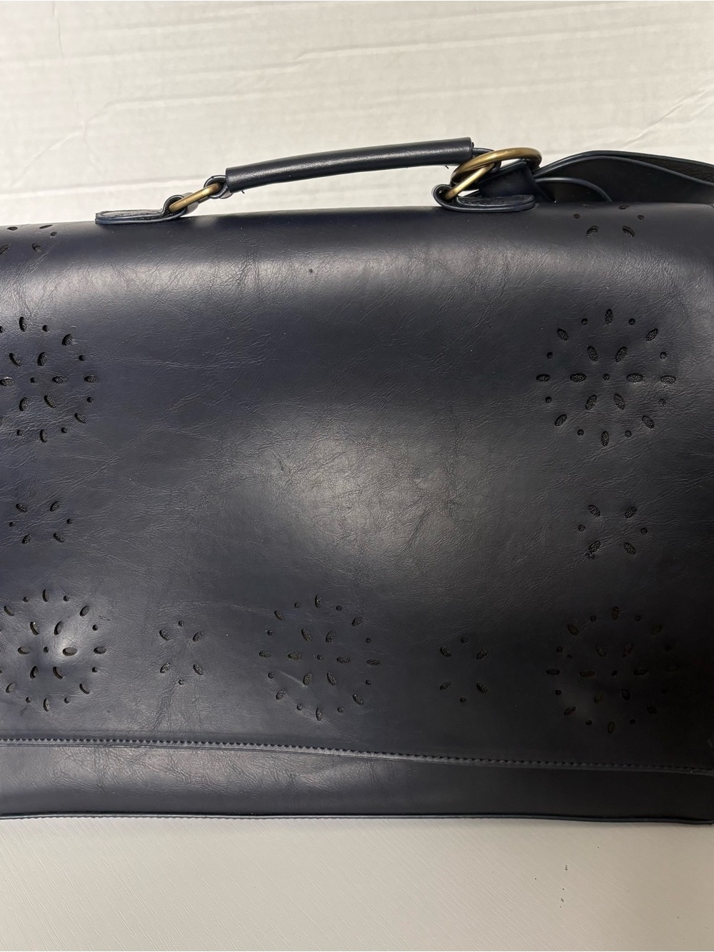 Structured Navy Perforated Leather Tote with Top Handle